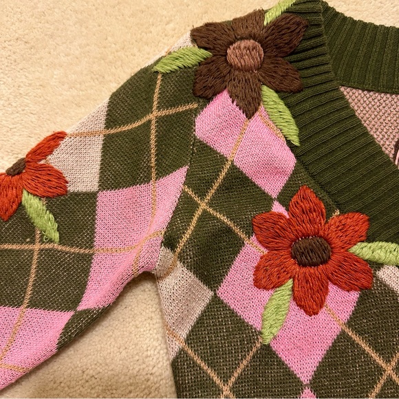 Joystick Vintage Pink & Green Argyle Sweater with Embroidered Flowers - Picture 2 of 6
